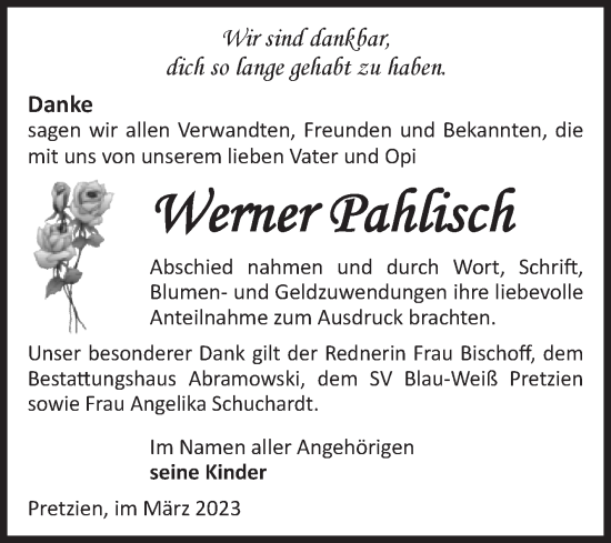 Traueranzeige von Werner Pahlisch von Volksstimme Schönebeck