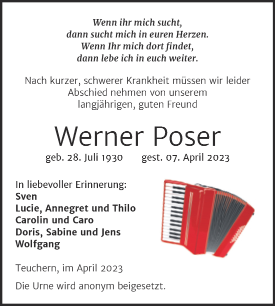 Traueranzeige von Werner Poser von Trauerkombi Weißenfels
