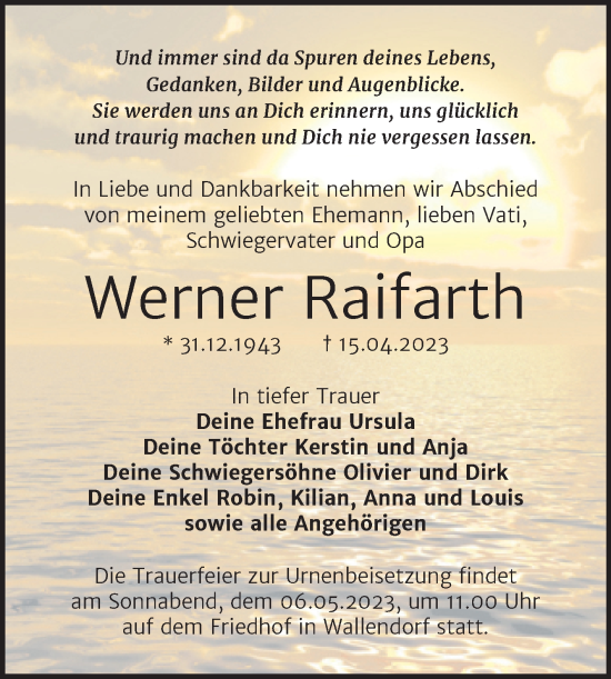 Traueranzeige von Werner Raifarth von Trauerkombi Merseburg