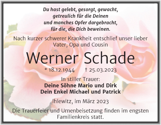 Traueranzeige von Werner Schade von Trauerkombi Mansfelder Land