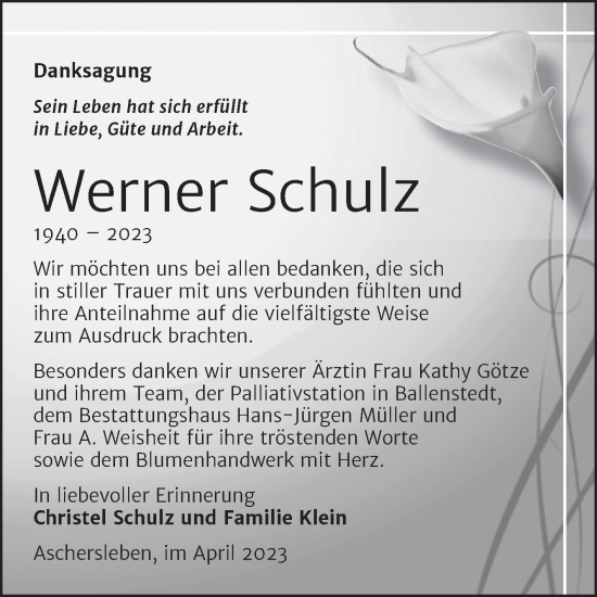 Traueranzeige von Werner Schulz von Trauerkombi Aschersleben