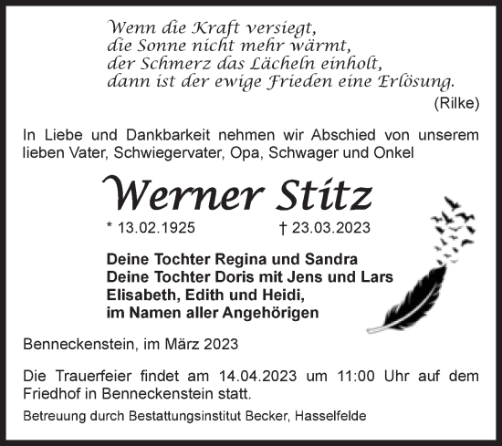Traueranzeige von Werner Stitz von Volksstimme Wernigerode