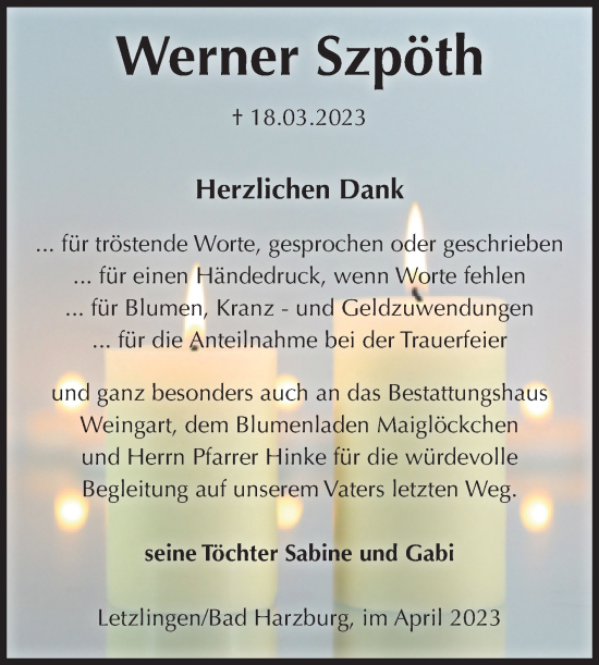 Traueranzeige von Werner Szpöth von Volksstimme Altmark West
