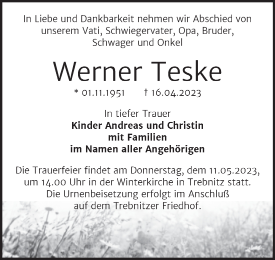Traueranzeige von Werner Teske von Trauerkombi Bernburg