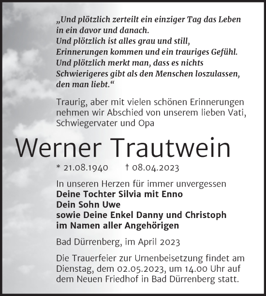Traueranzeige von Werner Trautwein von Trauerkombi Merseburg