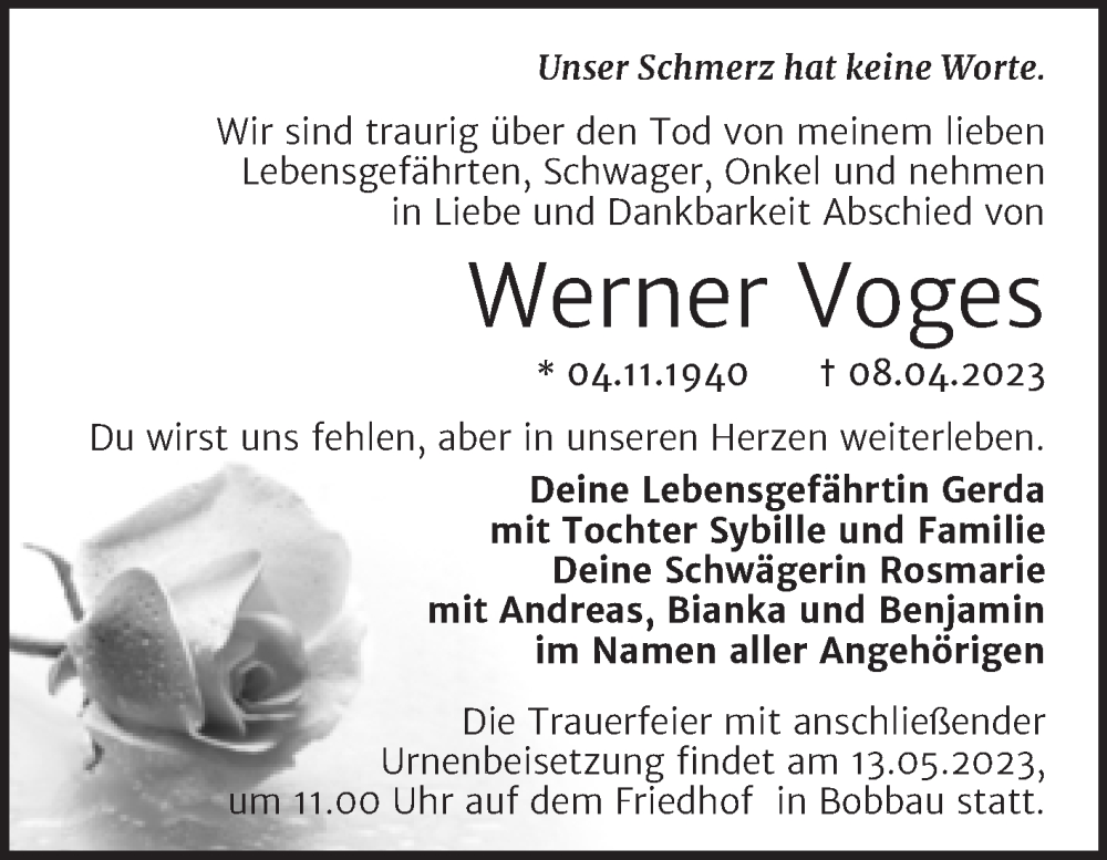  Traueranzeige für Werner Voges vom 26.04.2023 aus Trauerkombi Bitterfeld