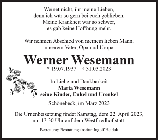 Traueranzeige von Werner Wesemann von Volksstimme Schönebeck