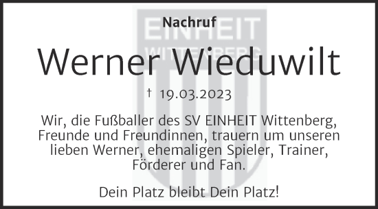 Traueranzeige von Werner Wieduwilt von Super Sonntag Wittenberg