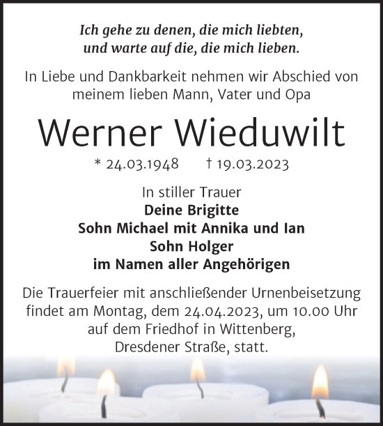 Traueranzeige von Werner Wieduwilt von Trauerkombi Wittenberg