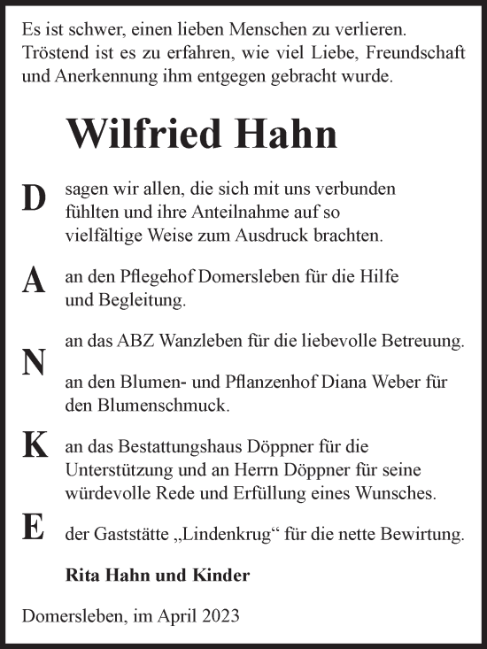 Traueranzeige von Wilfried Hahn von Volksstimme Oschersleben/Wanzleben