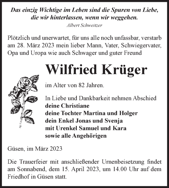 Traueranzeige von Wilfried Krüger von Volksstimme Burg/Genthin