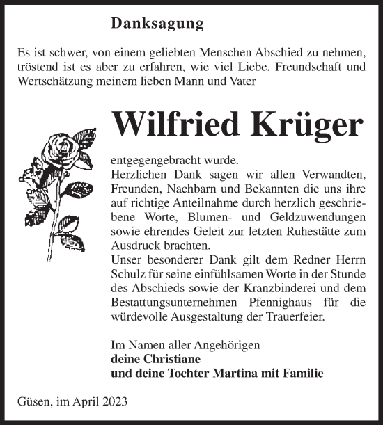 Traueranzeige von Wilfried Krüger von Volksstimme Burg/Genthin