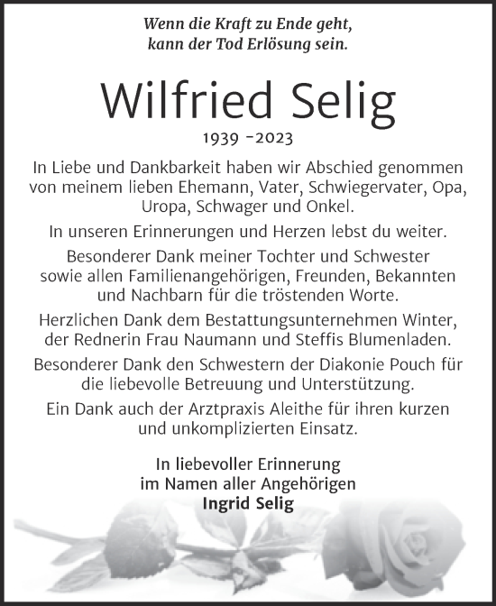 Traueranzeige von Wilfried Selig von Trauerkombi Bitterfeld
