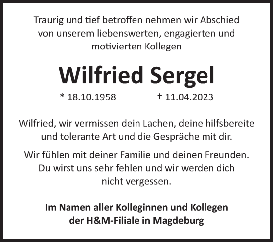 Traueranzeige von Wilfried Sergel von Volksstimme Magdeburg