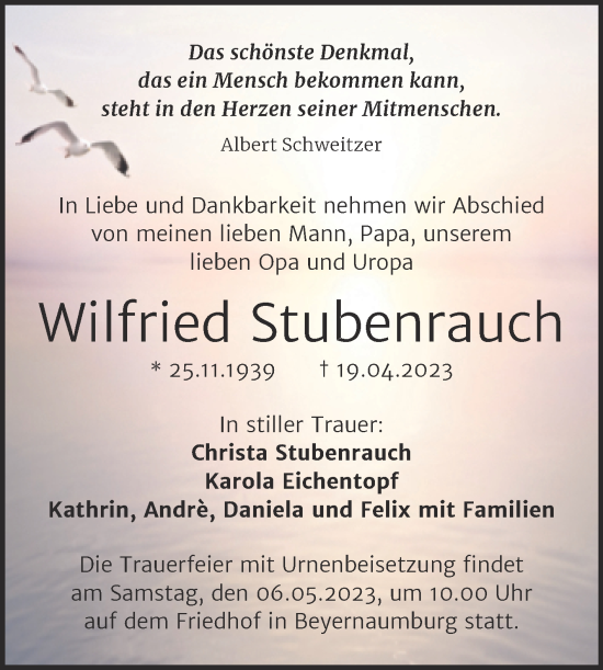 Traueranzeige von Wilfried Stubenrauch von Trauerkombi Sangerhausen