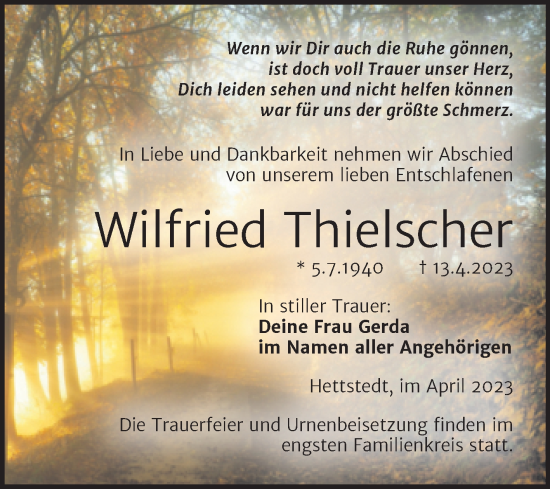 Traueranzeige von Wilfried Thielscher von Trauerkombi Mansfelder Land