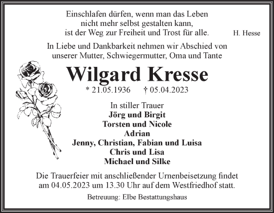 Traueranzeige von Wilgard Kresse von Volksstimme Magdeburg