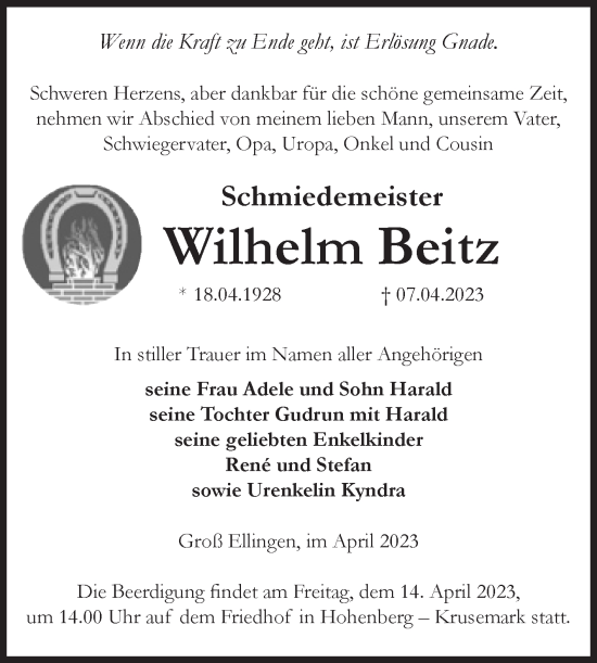 Traueranzeige von Wilhelm Beitz von Volksstimme Altmark Ost