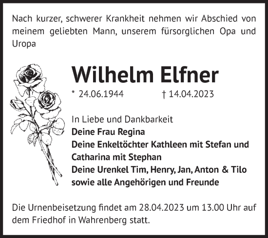 Traueranzeige von Wilhelm Elfner von Volksstimme Altmark Ost