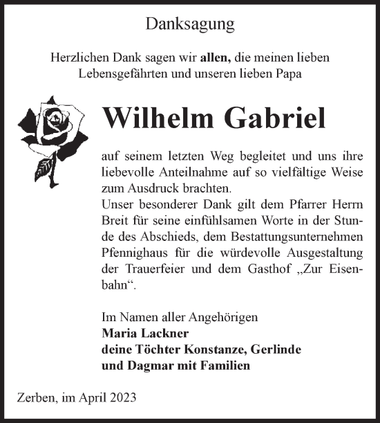 Traueranzeige von Wilhelm Gabriel von Volksstimme Burg/Genthin