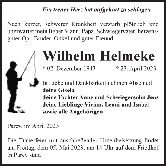 Traueranzeige von Wilhelm Helmeke von Volksstimme Burg/Genthin