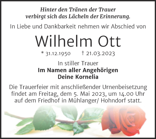Traueranzeige von Wilhelm Ott von Trauerkombi Wittenberg