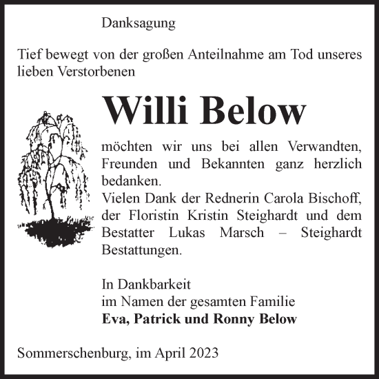 Traueranzeige von Willi Below von Volksstimme Oschersleben/Wanzleben