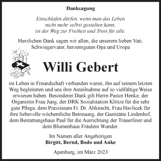 Traueranzeige von Willi Gebert von Volksstimme Altmark West