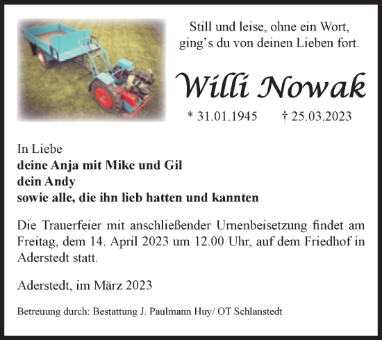 Traueranzeige von Willi Nowak von Volksstimme Halberstadt