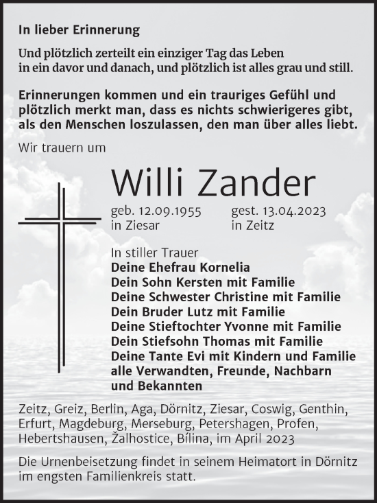 Traueranzeige von Willi Zander von Trauerkombi Zeitz