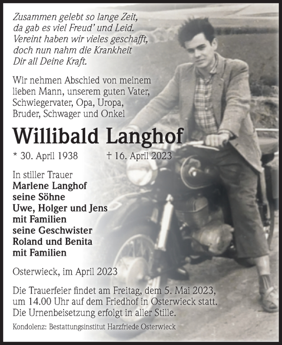 Traueranzeige von Willibald Langhof von Volksstimme Halberstadt