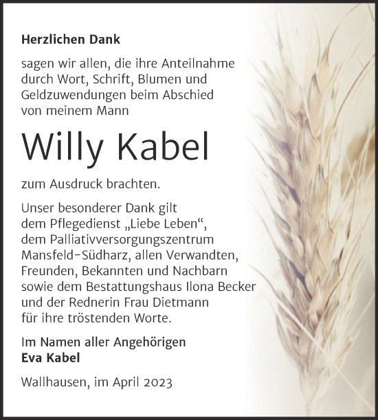 Traueranzeige von Willy Kabel von Trauerkombi Sangerhausen