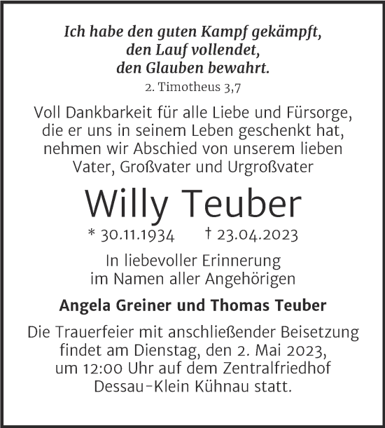 Traueranzeige von Willy Teuber von Trauerkombi Dessau