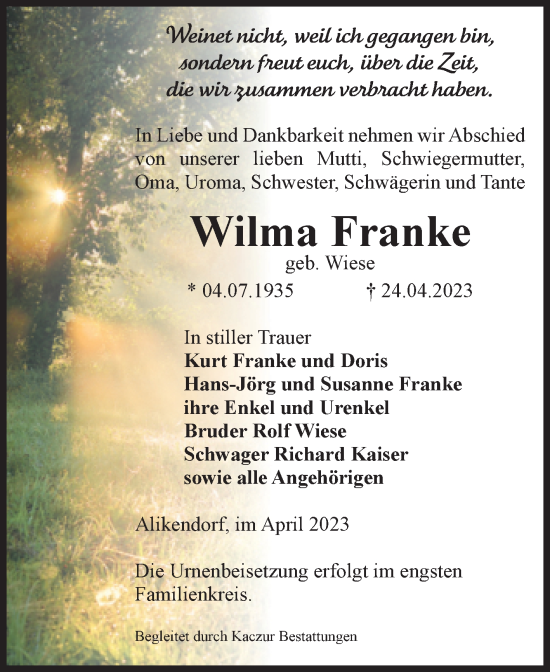 Traueranzeige von Wilma Franke von Volksstimme Oschersleben/Wanzleben