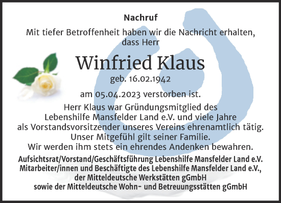 Traueranzeige von Winfried Klaus von Mitteldeutsche Zeitung Mansfelder Land