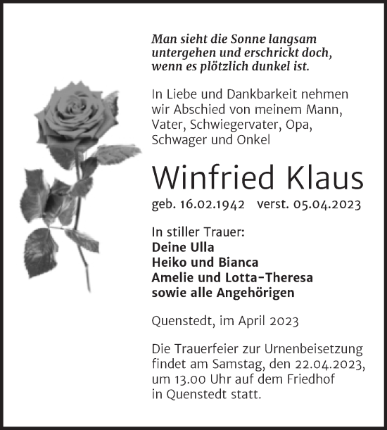 Traueranzeige von Winfried Klaus von Trauerkombi Mansfelder Land