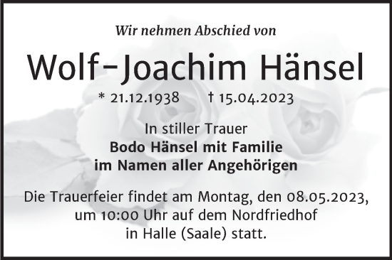 Traueranzeige von Wolf-Joachim Hänsel von Mitteldeutsche Zeitung Halle/Saalkreis