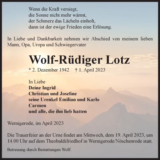 Traueranzeige von Wolf-Rüdiger Lotz von Volksstimme Wernigerode