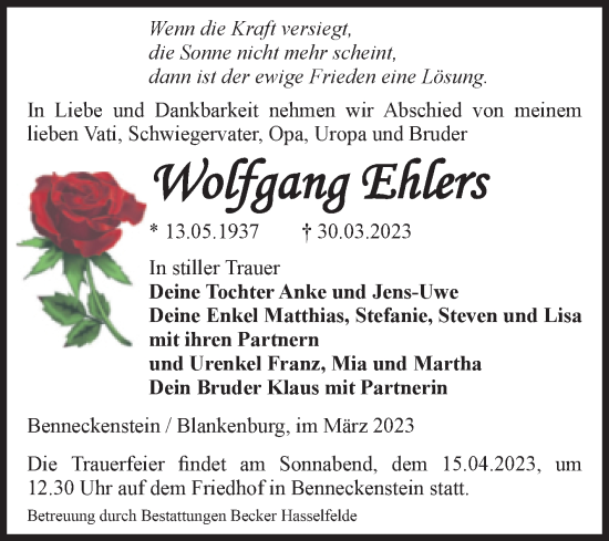 Traueranzeige von Wolfgang Ehlers von Volksstimme Wernigerode