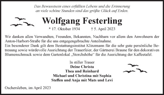Traueranzeige von Wolfgang Festerling von Volksstimme Oschersleben/Wanzleben
