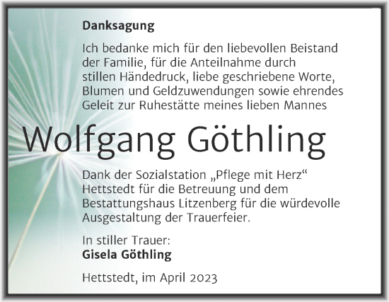 Traueranzeige von Wolfgang Göthling von Trauerkombi Mansfelder Land