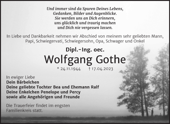 Traueranzeige von Wolfgang Gothe von Trauerkombi Mansfelder Land