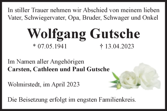 Traueranzeige von Wolfgang Gutsche von Volksstimme Haldensleben/Wolmirstedt