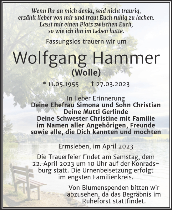 Traueranzeige von Wolfgang Hammer von Trauerkombi Aschersleben