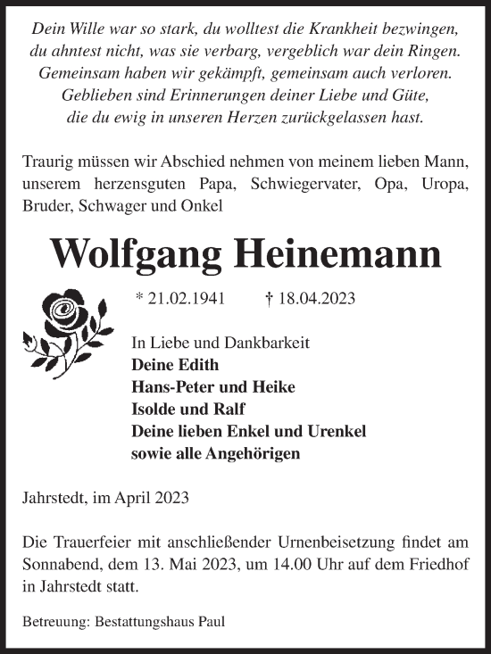 Traueranzeige von Wolfgang Heinemann von Volksstimme Altmark West