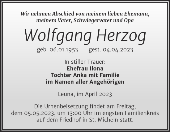 Traueranzeige von Wolfgang Herzog von Trauerkombi Merseburg