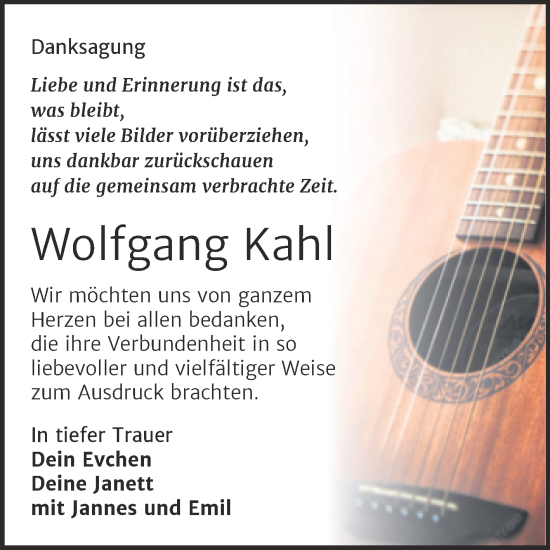 Traueranzeige von Wolfgang Kahl von Trauerkombi Sangerhausen