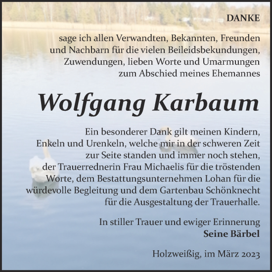 Traueranzeige von Wolfgang Karbaum von Trauerkombi Bitterfeld