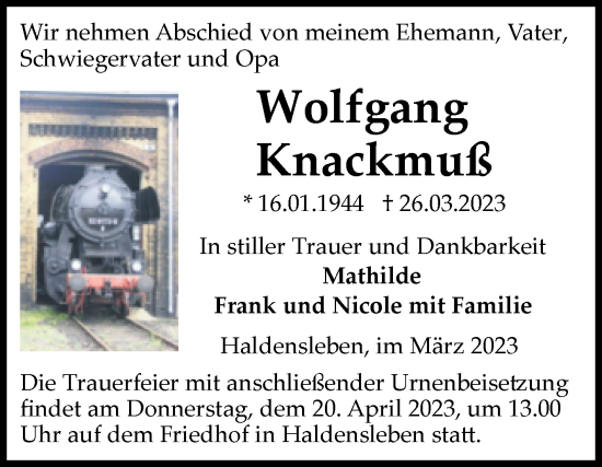 Traueranzeige von Wolfgang Knackmuß von Volksstimme Haldensleben/Wolmirstedt
