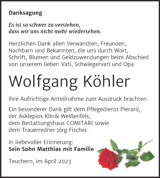 Traueranzeige von Wolfgang Köhler von Trauerkombi Weißenfels